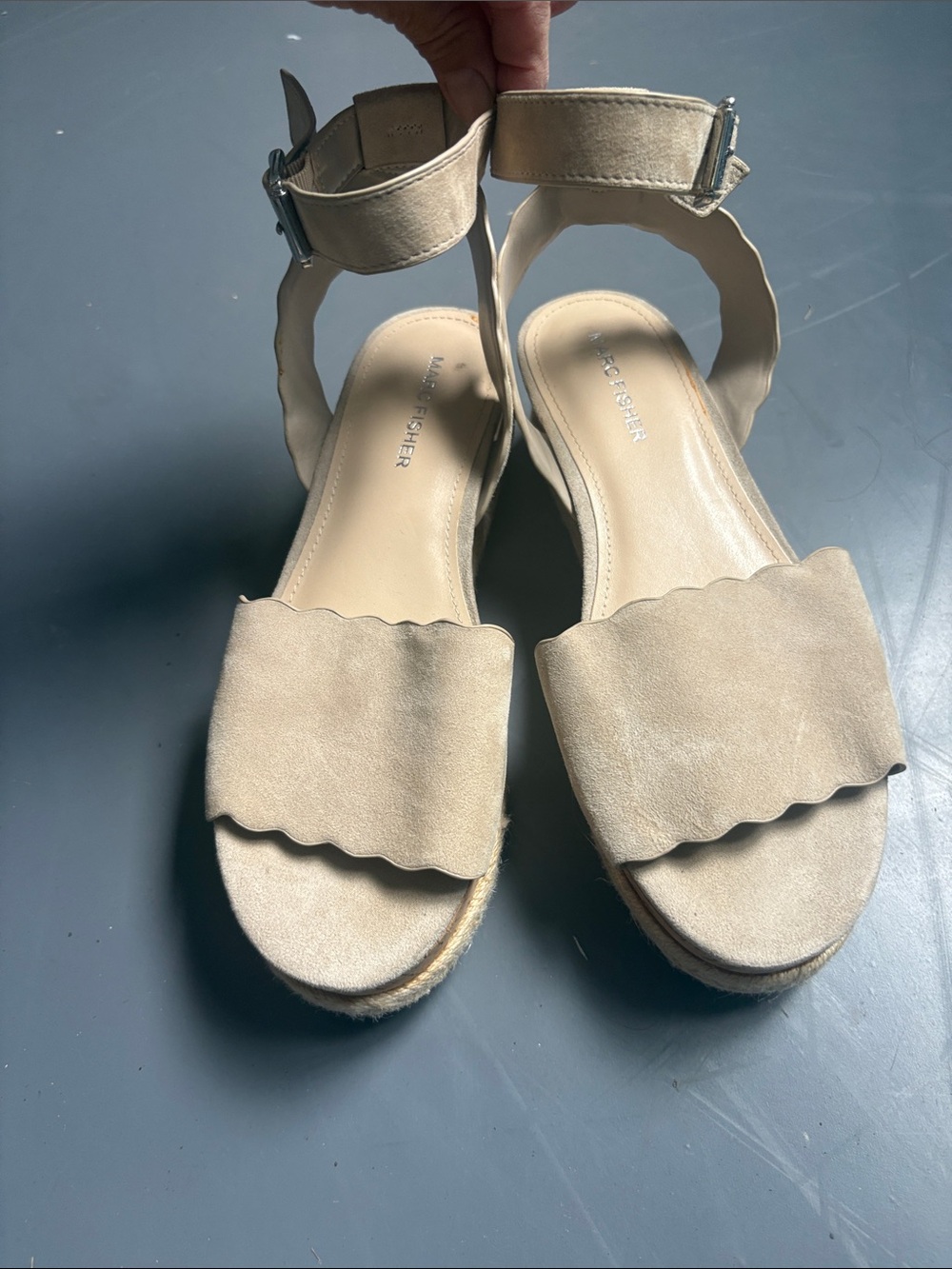 Neutral Marc Fisher Scallop Espadrille Sandals with Ankle Strap